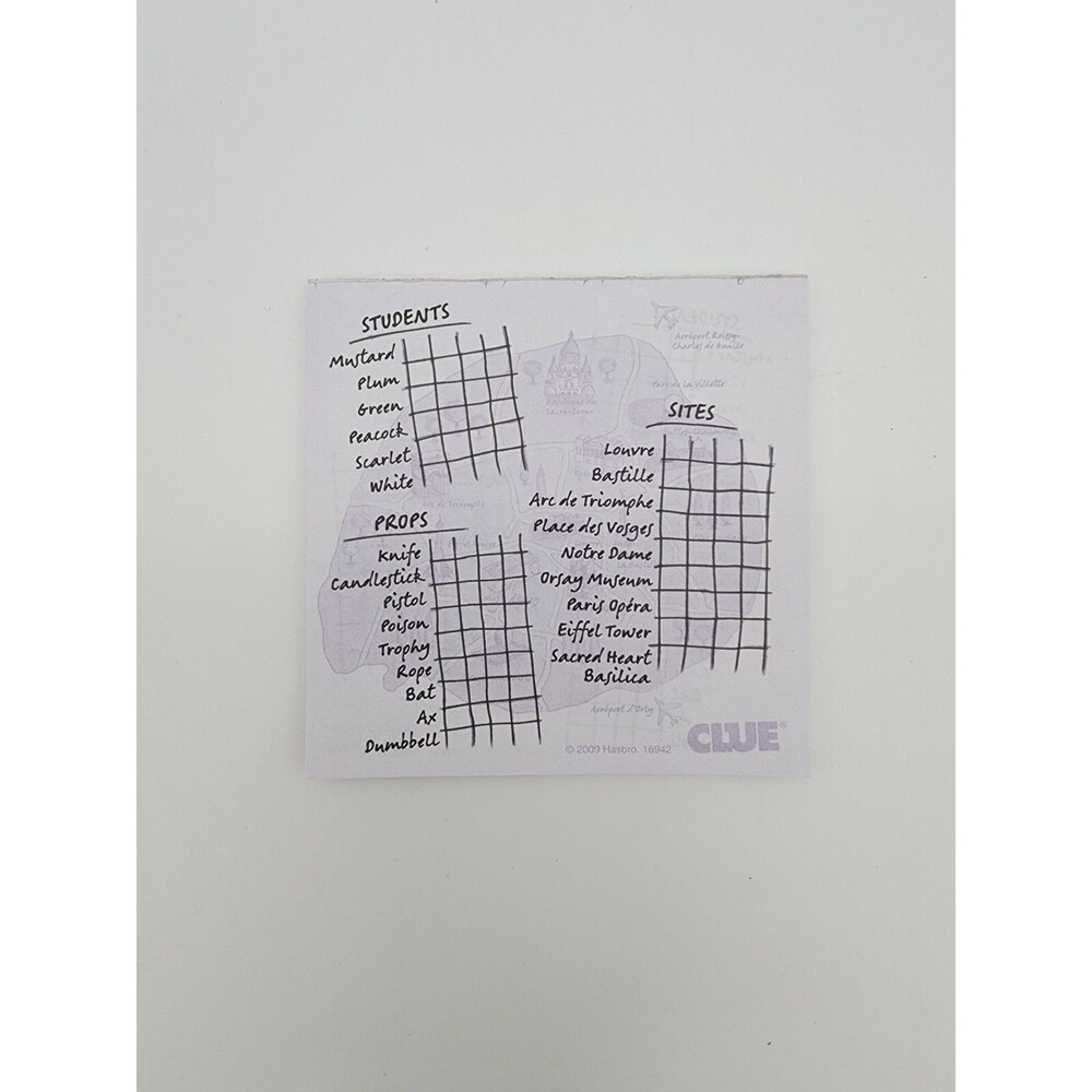 Clue Secrets in Paris 2009 Replacement Clue Sheets Pad Parker Brothers Game